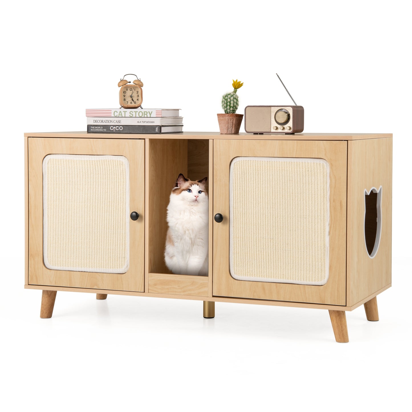 Cat Litter Box Enclosure, 43 Inches, Double Rooms, 2 Sisal Scratching Mats, Natural Cat Houses at Gallery Canada
