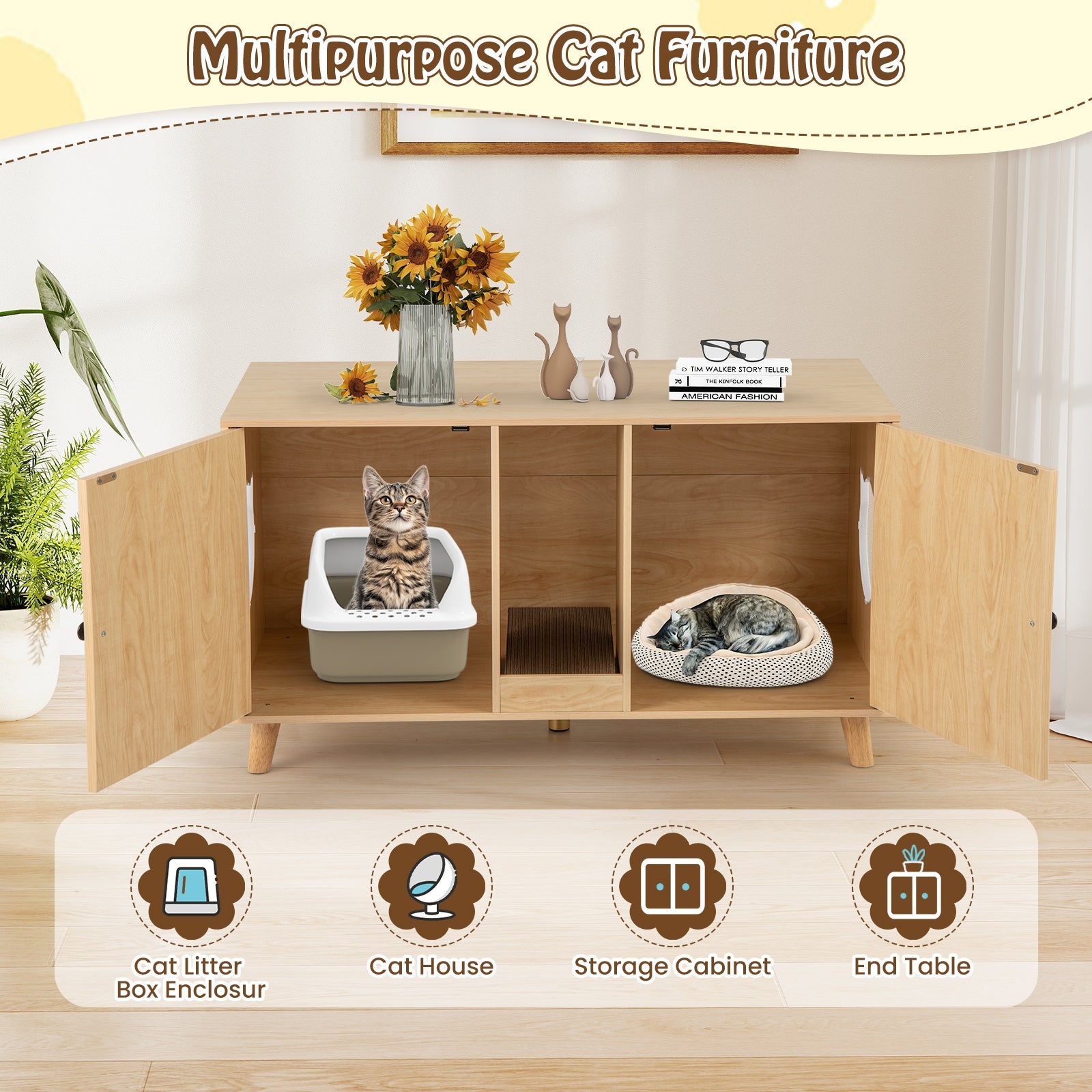 43 Inches Cat Litter Box Enclosure with Double Rooms and 2 Sisal Scratching Mats, Natural Cat Houses at Gallery Canada