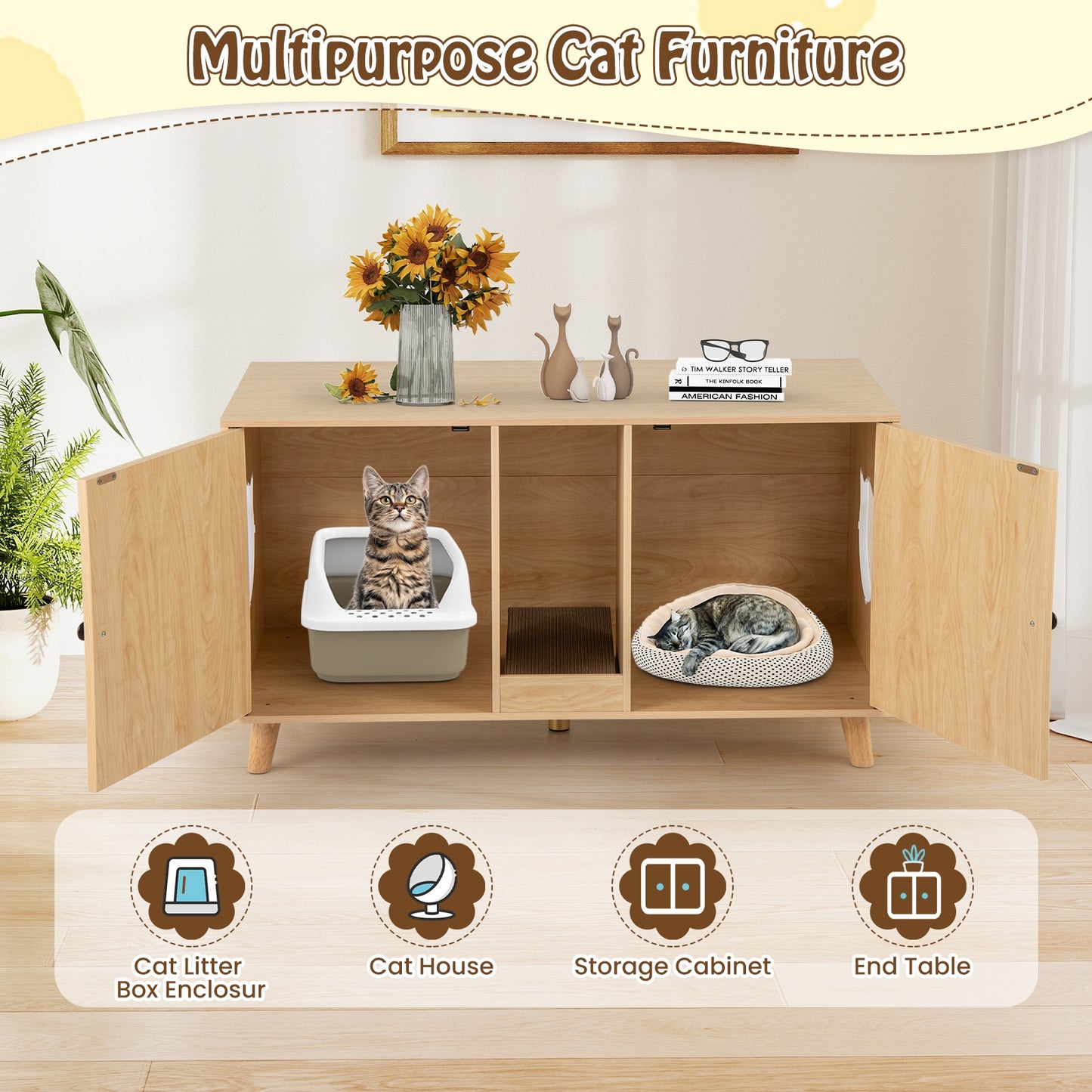 43 Inches Cat Litter Box Enclosure with Double Rooms and 2 Sisal Scratching Mats, Natural Cat Houses at Gallery Canada