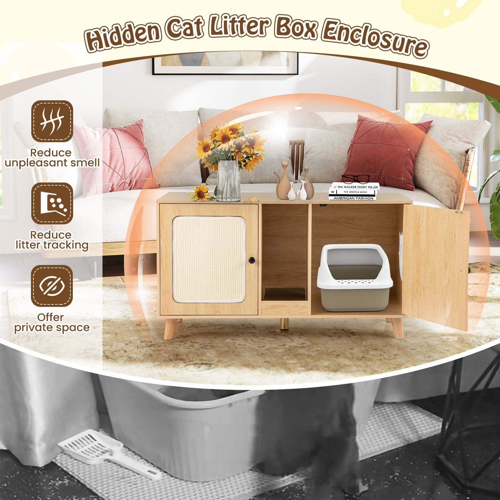 43 Inches Cat Litter Box Enclosure with Double Rooms and 2 Sisal Scratching Mats, Natural Cat Houses at Gallery Canada