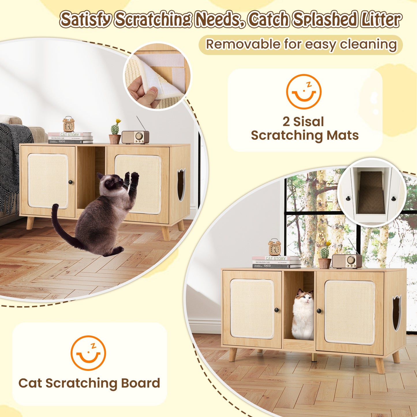 43 Inches Cat Litter Box Enclosure with Double Rooms and 2 Sisal Scratching Mats, Natural Cat Houses at Gallery Canada