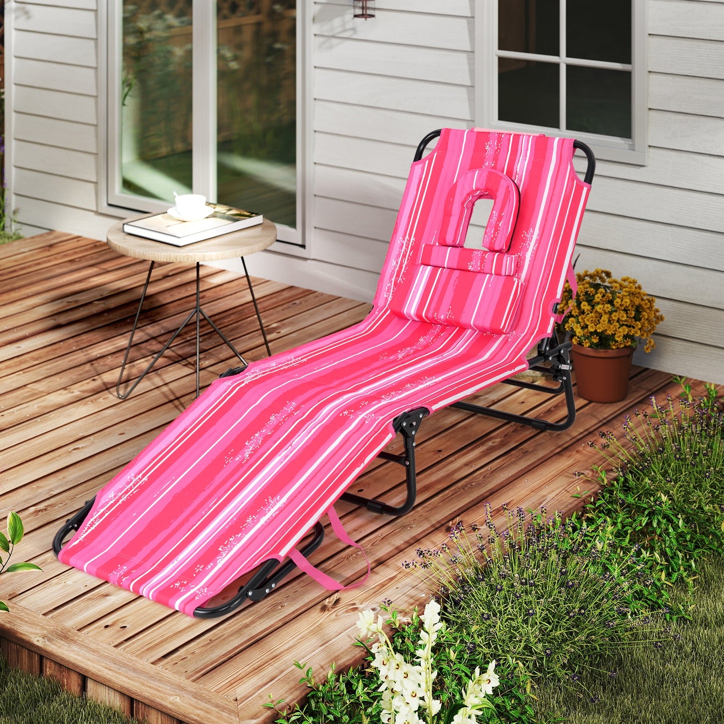 Beach Chaise Lounge Chair with Face Hole and Removable Pillow, White & Pink Outdoor Chaise Lounges at Gallery Canada