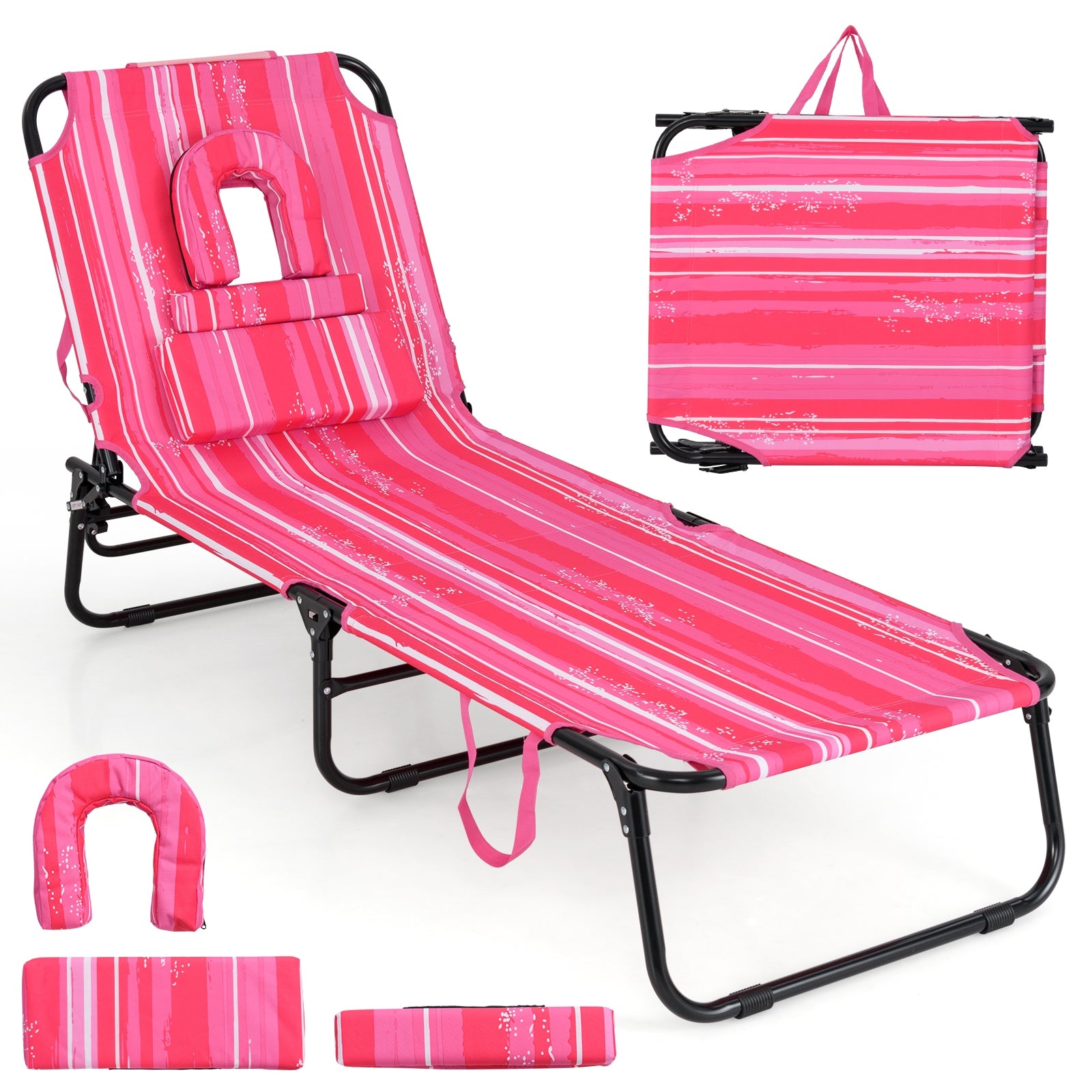Beach Chaise Lounge Chair with Face Hole and Removable Pillow, White & Pink Outdoor Chaise Lounges White & Pink at Gallery Canada