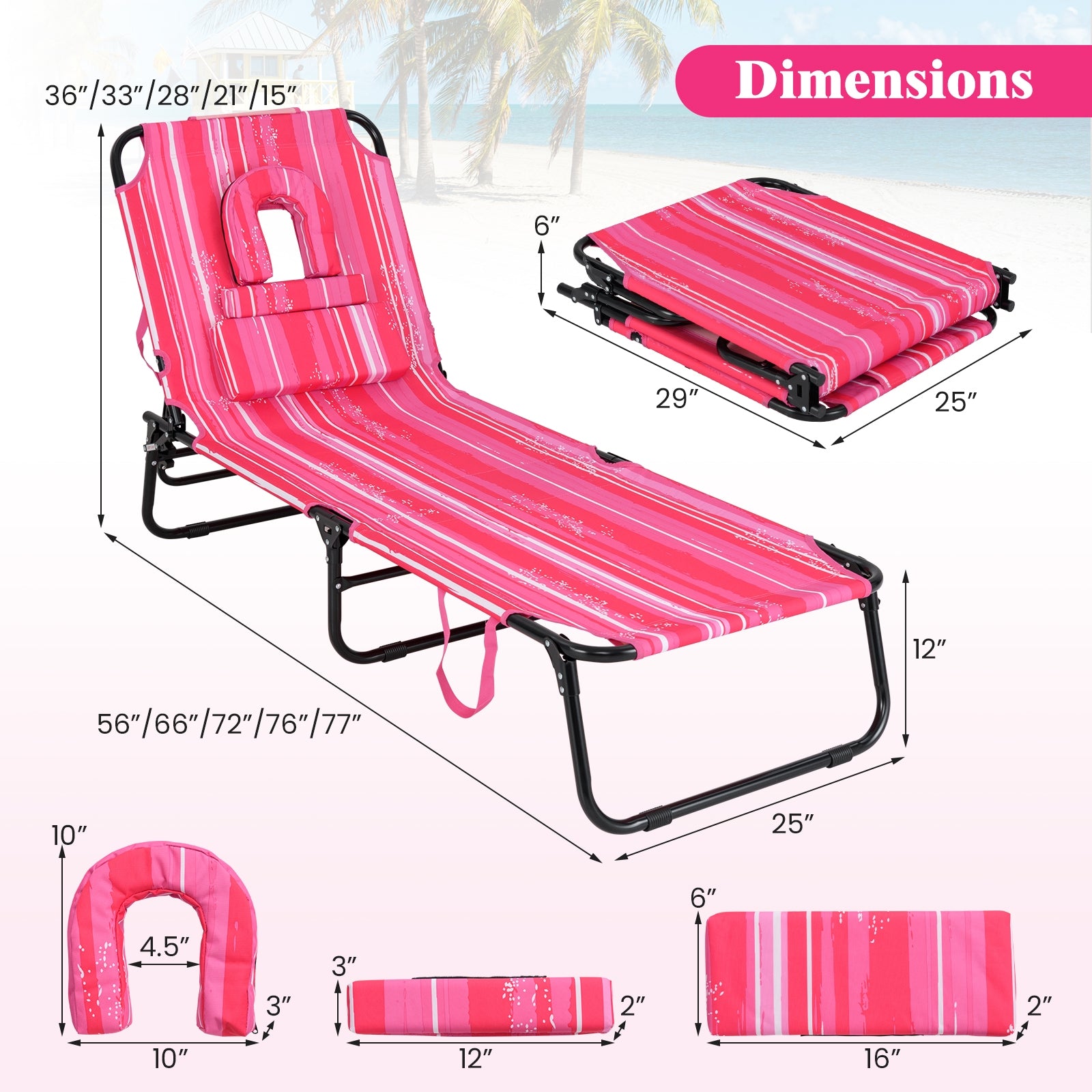 Beach Chaise Lounge Chair with Face Hole and Removable Pillow, White & Pink Outdoor Chaise Lounges at Gallery Canada
