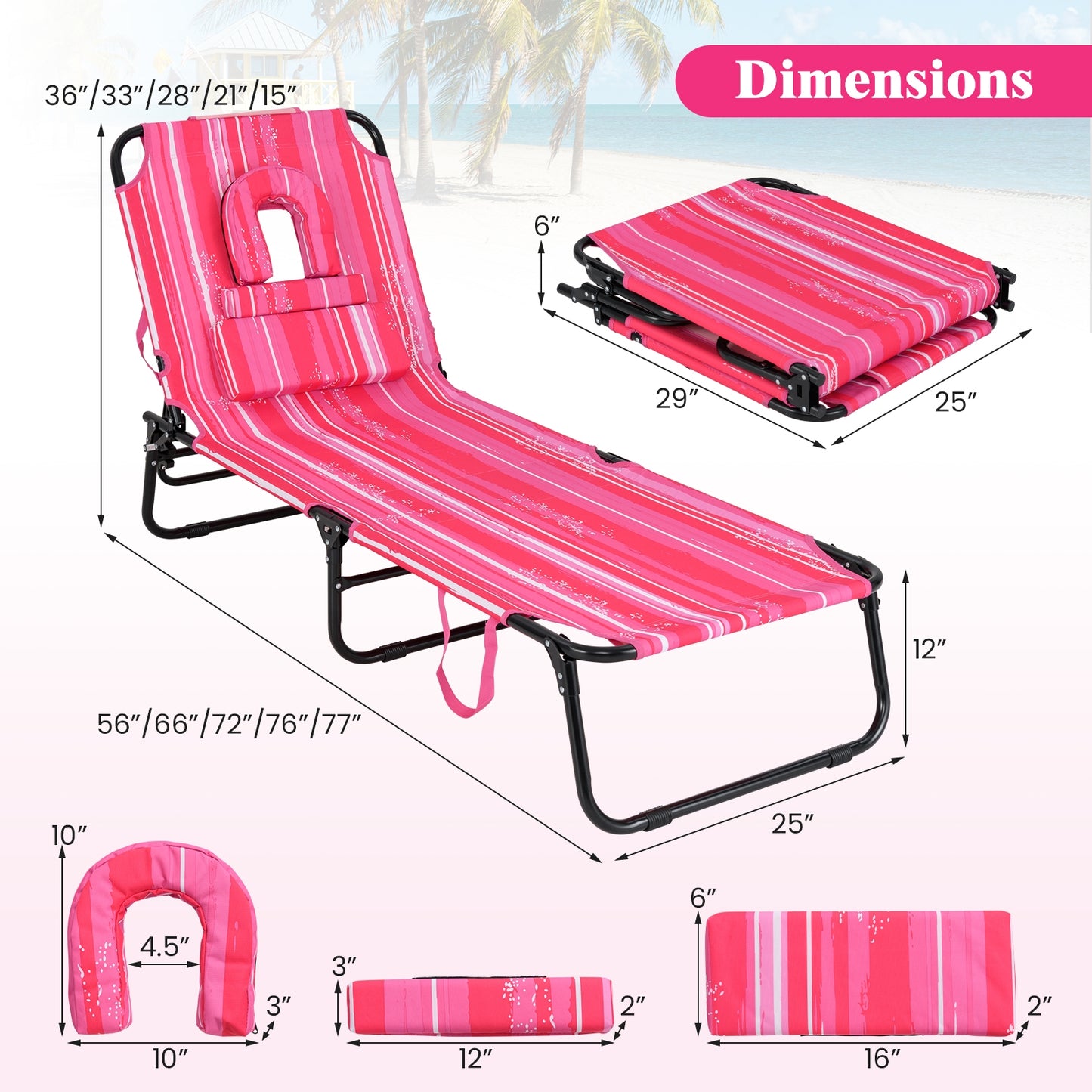Beach Chaise Lounge Chair with Face Hole and Removable Pillow, White & Pink Outdoor Chaise Lounges at Gallery Canada