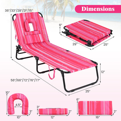 Beach Chaise Lounge Chair with Face Hole and Removable Pillow, White & Pink Outdoor Chaise Lounges at Gallery Canada