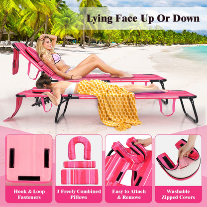 Beach Chaise Lounge Chair with Face Hole and Removable Pillow, White & Pink Outdoor Chaise Lounges at Gallery Canada
