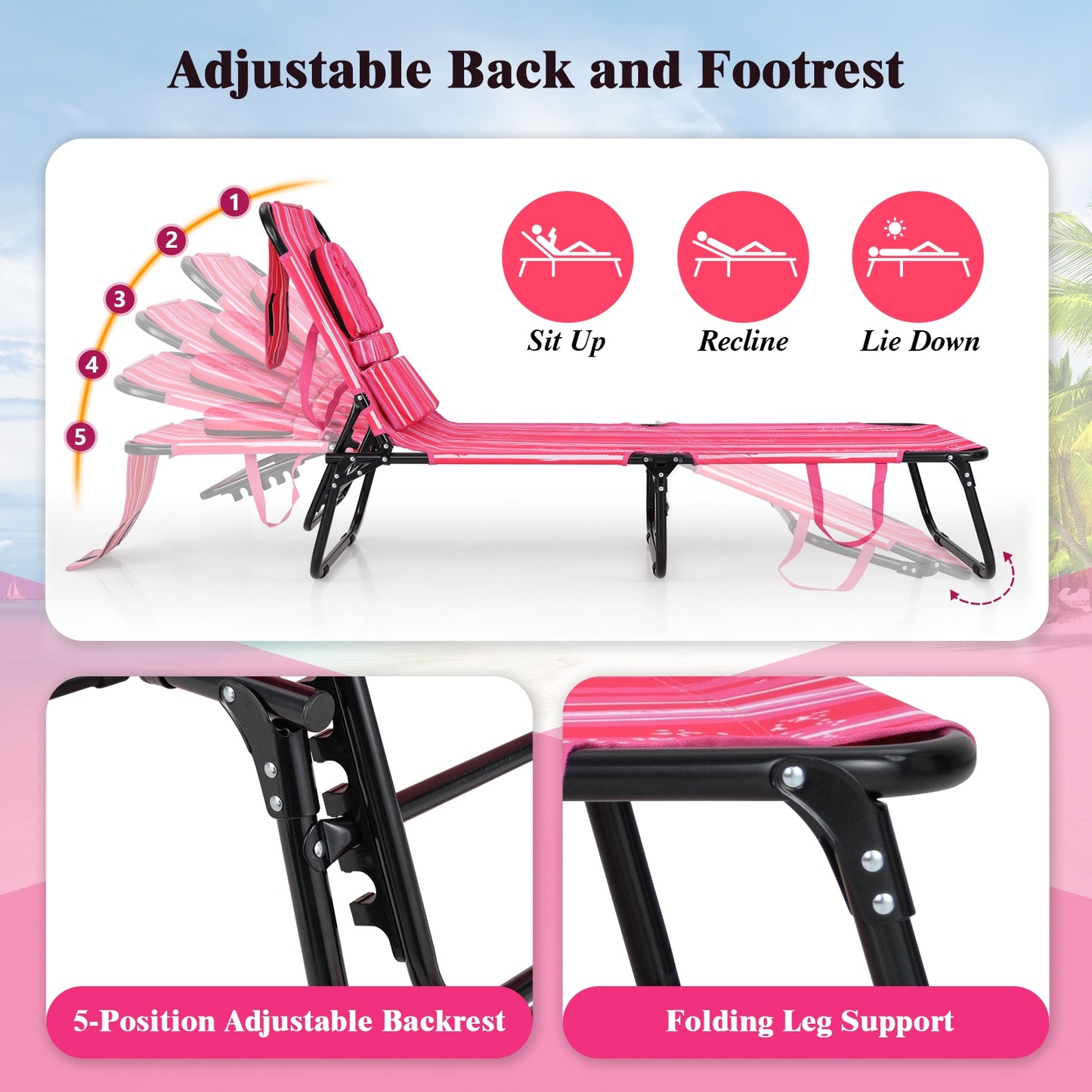 Beach Chaise Lounge Chair with Face Hole and Removable Pillow, White & Pink Outdoor Chaise Lounges at Gallery Canada