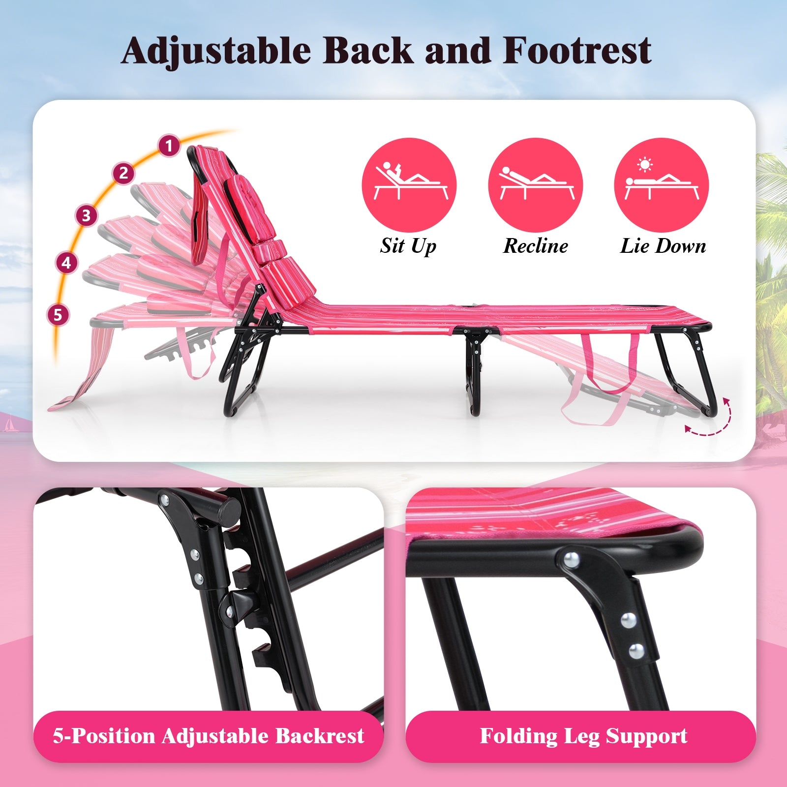 Beach Chaise Lounge Chair with Face Hole and Removable Pillow, White & Pink Outdoor Chaise Lounges at Gallery Canada