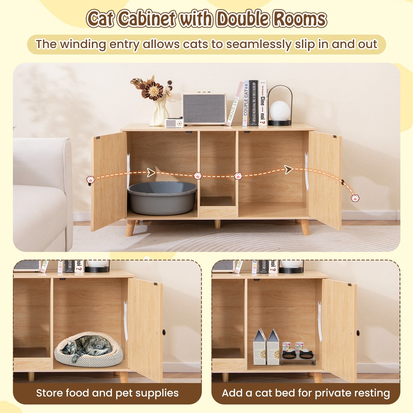 43 Inches Cat Litter Box Enclosure with Double Rooms and 2 Sisal Scratching Mats, Natural Cat Houses at Gallery Canada