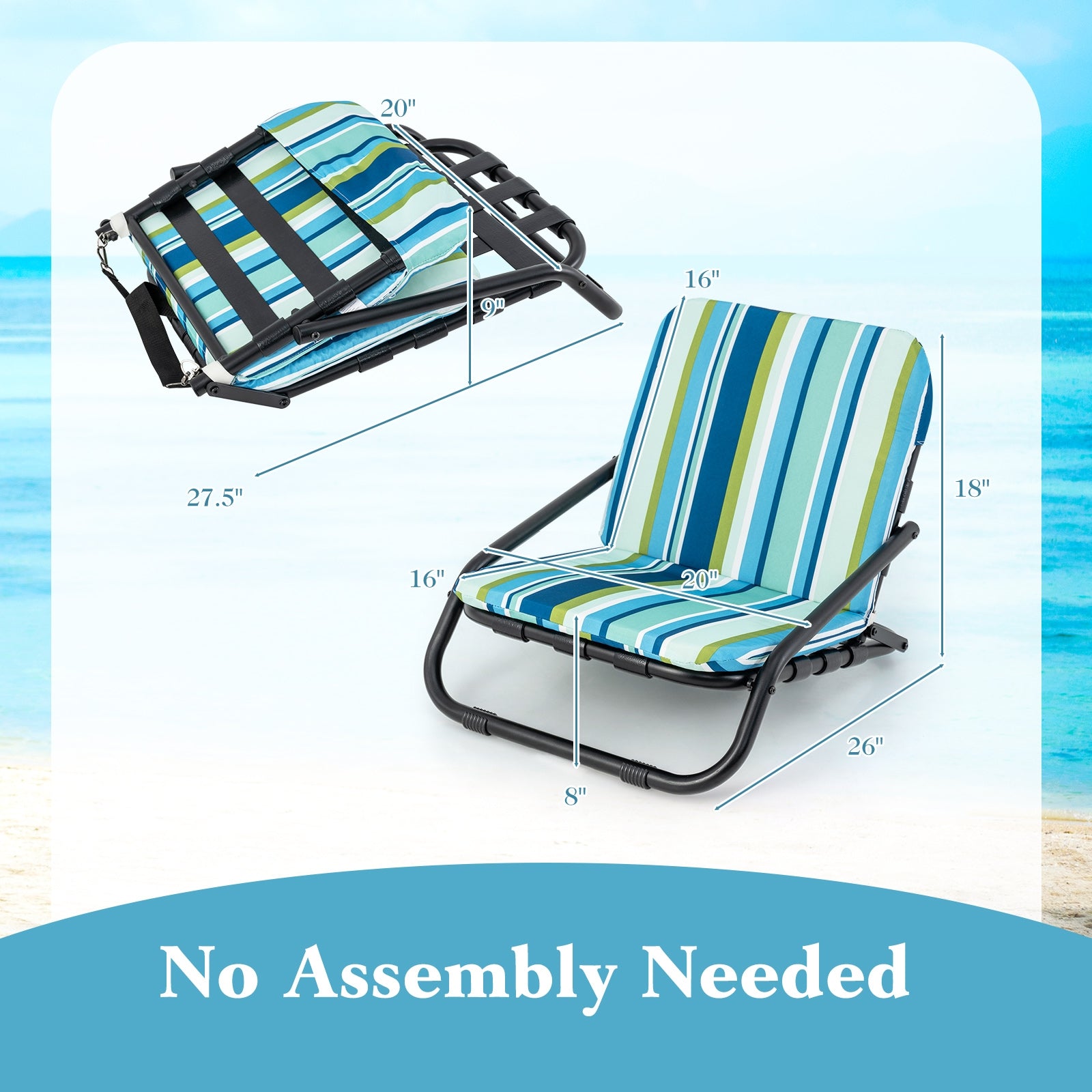 2 Pack Low Folding Beach Chairs for Adults with Cushion, Blue Beach & Lawn Chairs at Gallery Canada