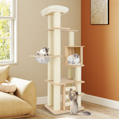 71 Inch Tall Cat Tree Wooden Cat Tower with Cozy Perch Condo Space Capsule, Natural Cat Trees Condos & Scratchers at Gallery Canada