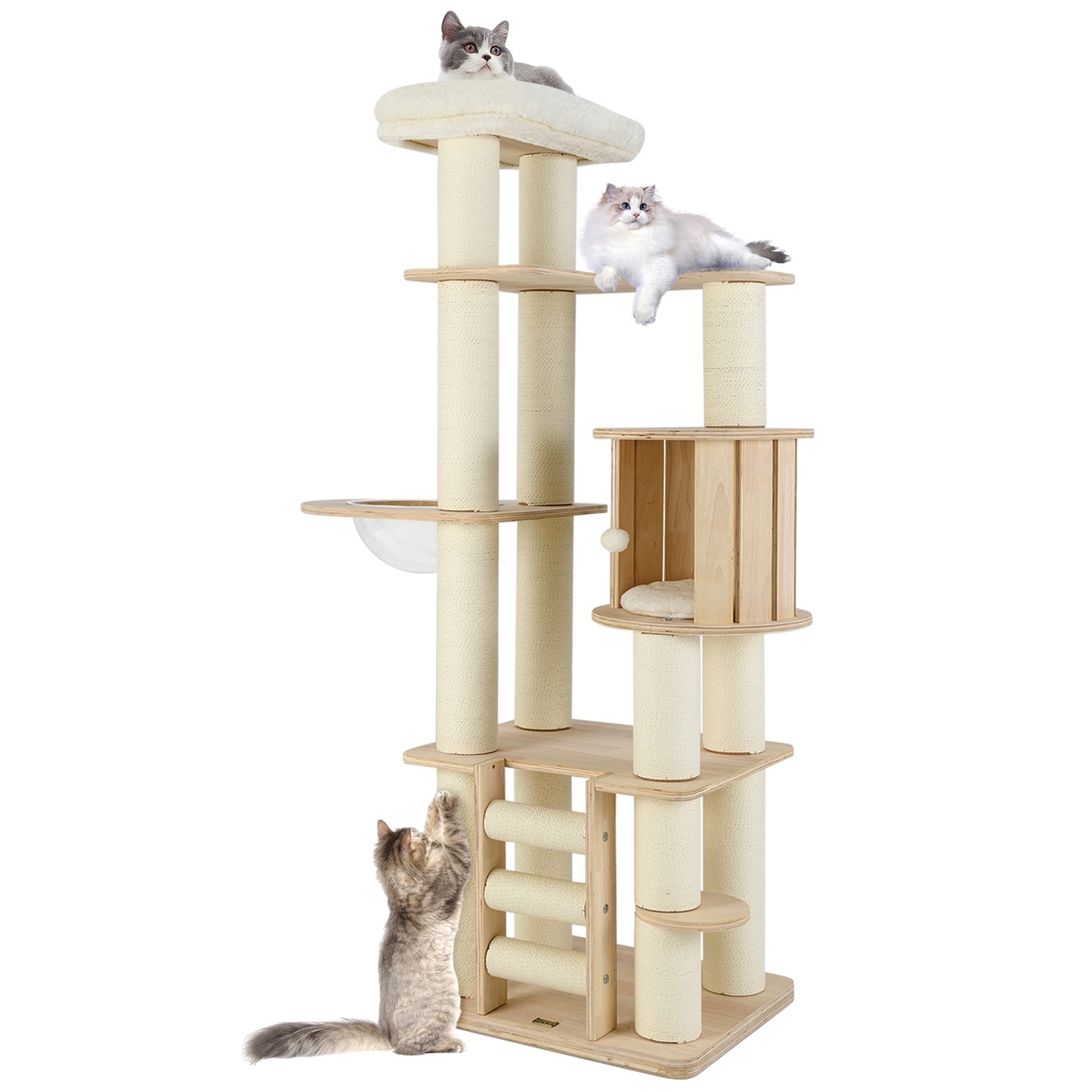 71 Inch Tall Cat Tree Wooden Cat Tower with Cozy Perch Condo Space Capsule, Natural Cat Trees Condos & Scratchers Natural at Gallery Canada