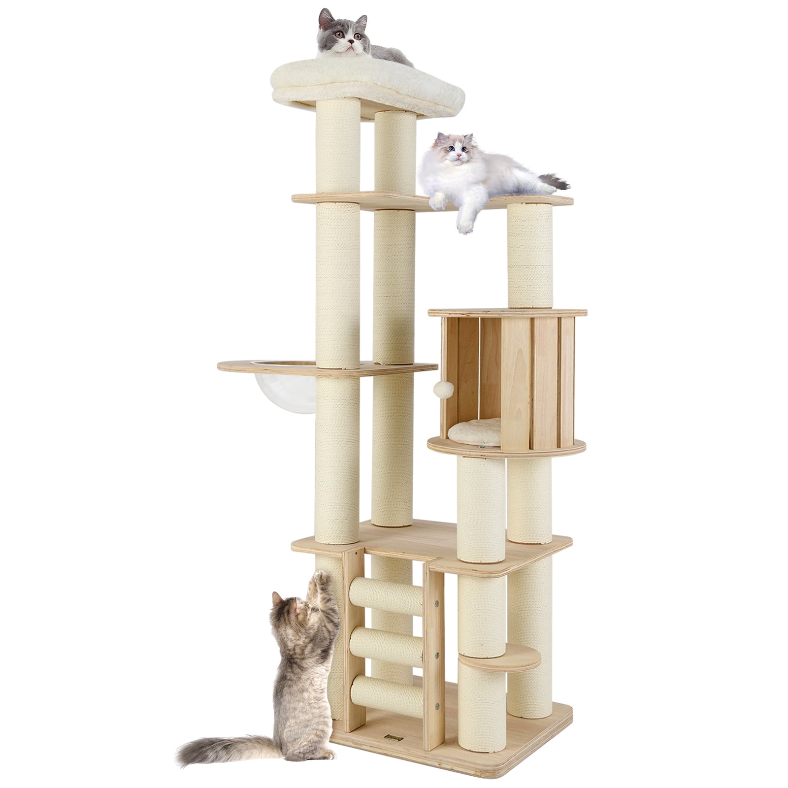 71 Inch Tall Cat Tree Wooden Cat Tower with Cozy Perch Condo Space Capsule, Natural Cat Trees Condos & Scratchers Natural at Gallery Canada
