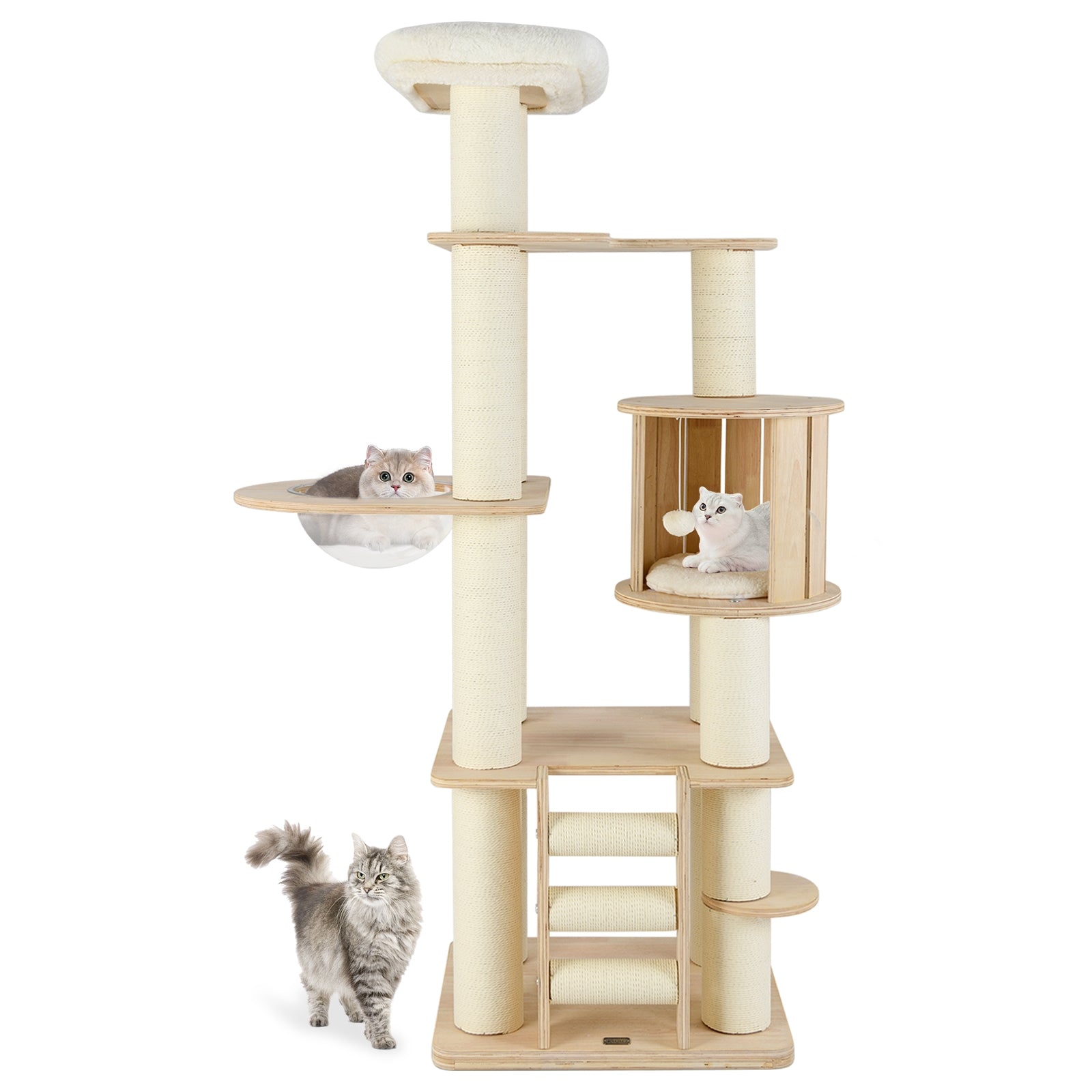 71 Inch Tall Cat Tree Wooden Cat Tower with Cozy Perch Condo Space Capsule, Natural Cat Trees Condos & Scratchers at Gallery Canada
