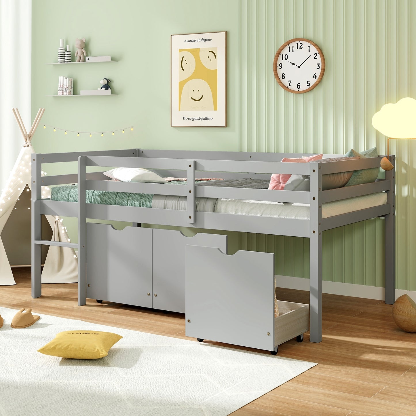 Twin Size Low Loft Bed with 3 Drawers with Ladder and Full-length Guardrails, Gray Trundle Bed Frame at Gallery Canada