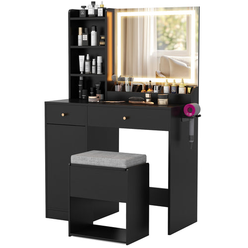 Vanity Dressing Table And Chair Set With Mirror, Lights, Black