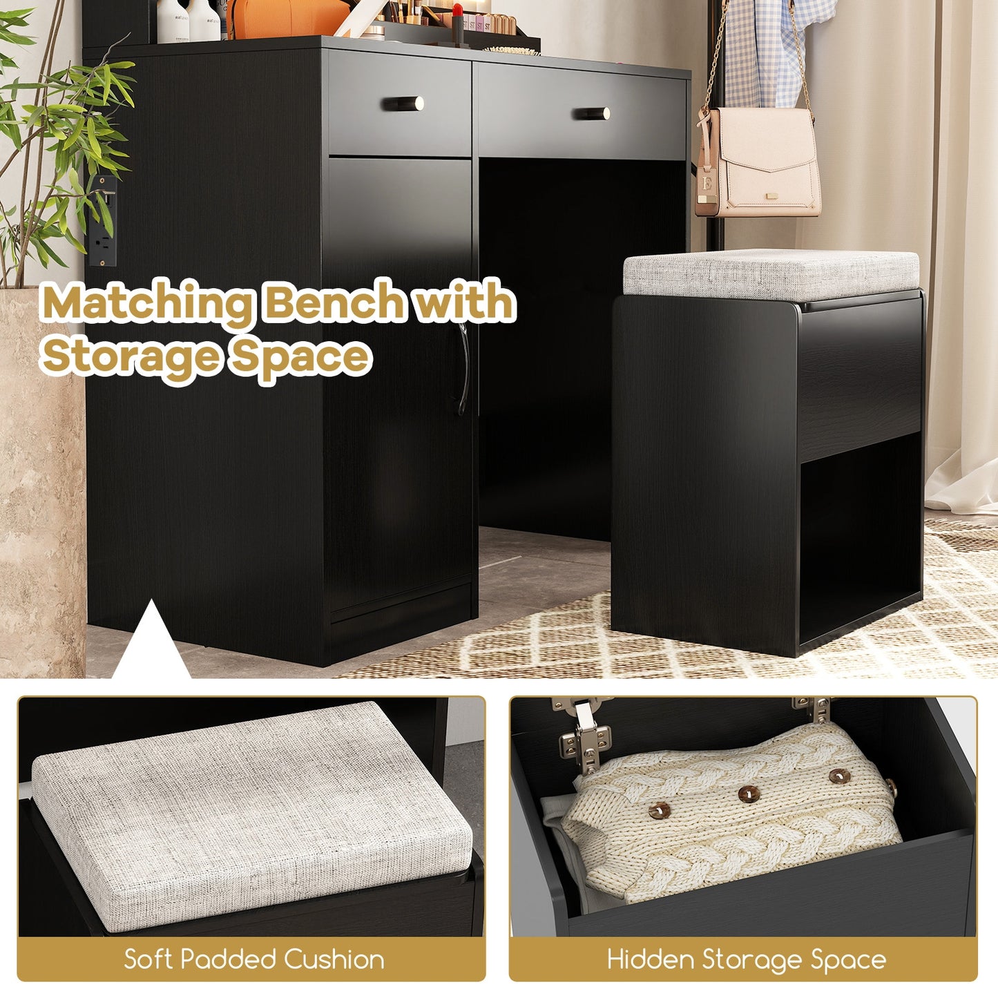 Vanity Dressing Table And Chair Set With Mirror, Lights, Black Makeup Vanities at Gallery Canada