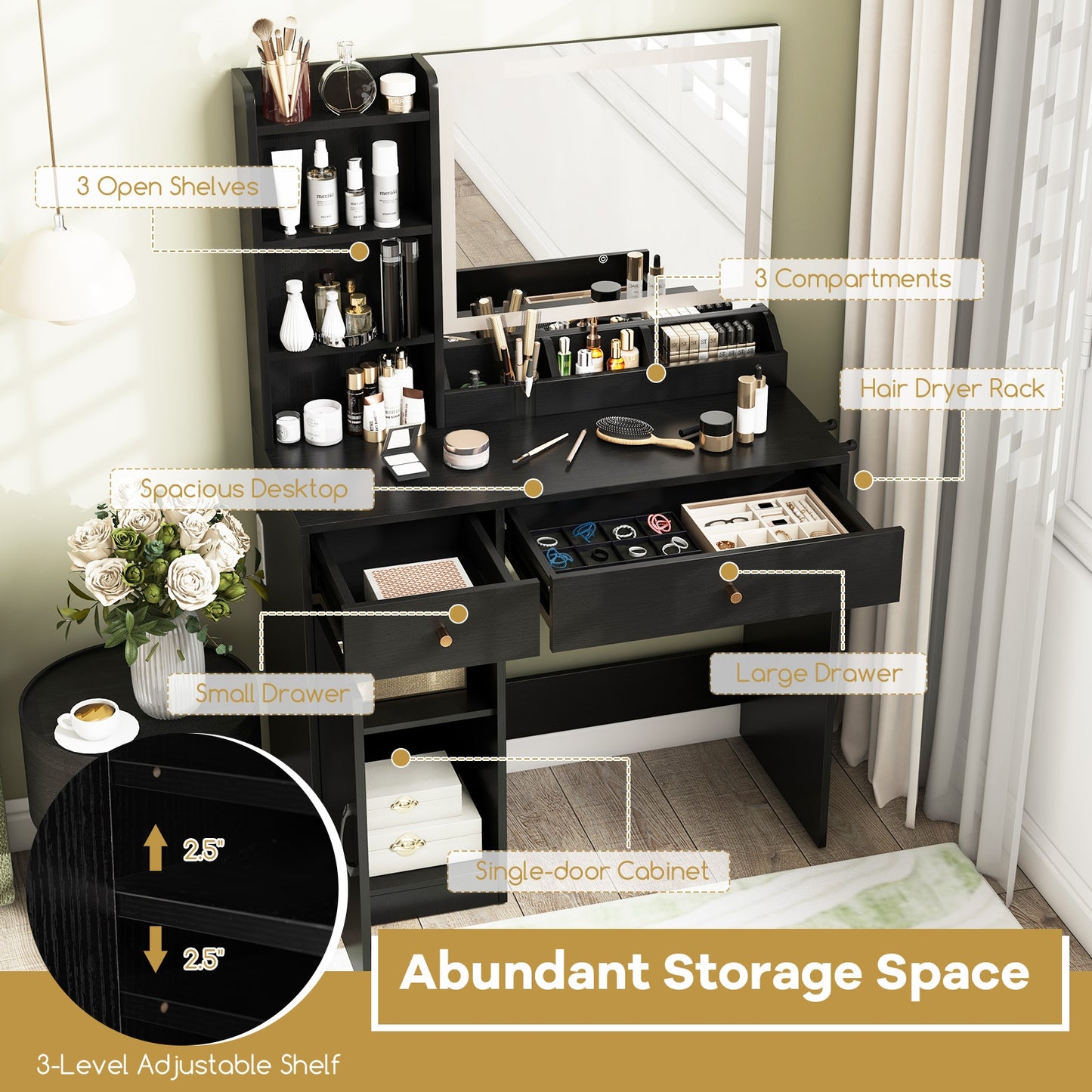 Vanity Dressing Table And Chair Set With Mirror, Lights, Black Makeup Vanities at Gallery Canada