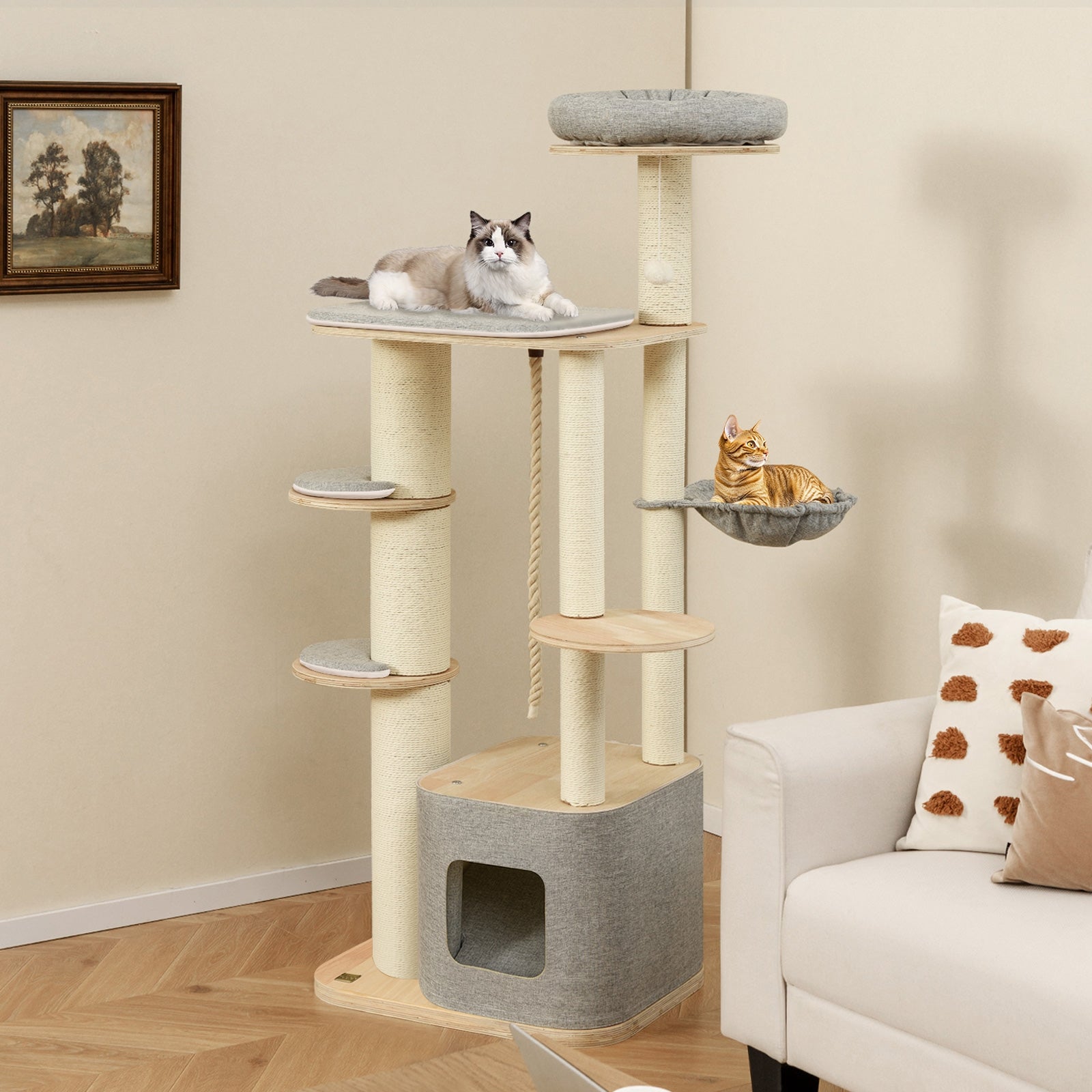 63 Inch Tall Cat Tree Modern Wooden Cat Tower with Perch Condo Hammock, Gray Cat Trees Condos & Scratchers at Gallery Canada