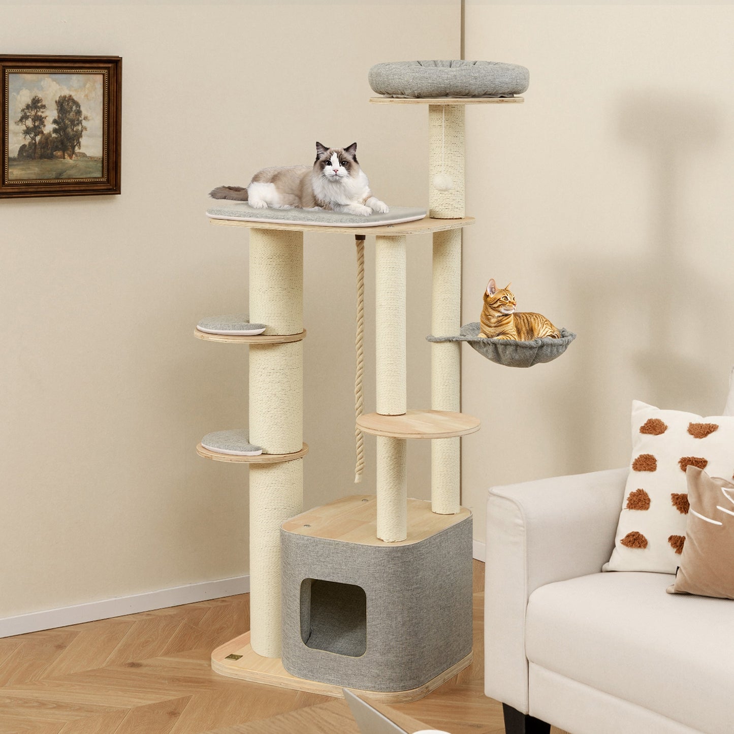 63 Inch Tall Cat Tree Modern Wooden Cat Tower with Perch Condo Hammock, Gray Cat Trees Condos & Scratchers at Gallery Canada