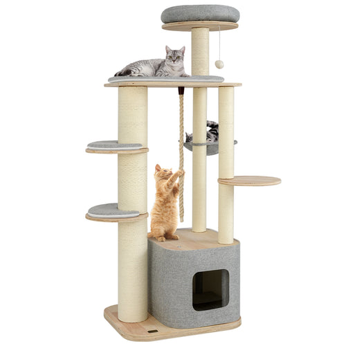 63 Inch Tall Cat Tree Modern Wooden Cat Tower with Perch Condo Hammock, Gray