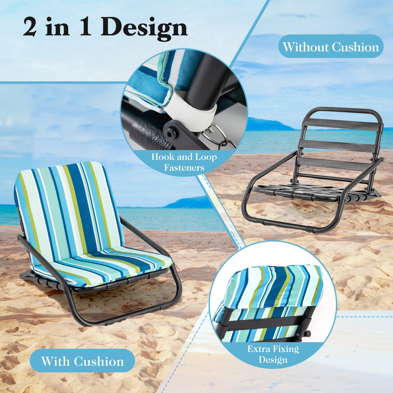 2 Pack Low Folding Beach Chairs for Adults with Cushion, Blue Beach & Lawn Chairs at Gallery Canada