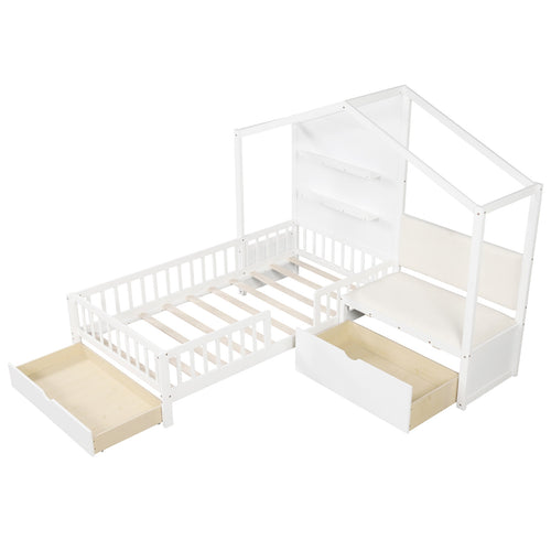 Twin Size Kids Platform Bed With Padded Bench, White