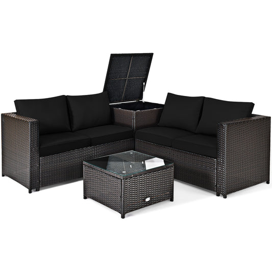4 Piece Rattan Patio Furniture Set, Loveseat With Storage Box, Black Outdoor Sectionals Black at Gallery Canada