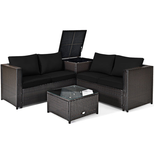 4 Piece Rattan Patio Furniture Set, Loveseat With Storage Box, Black