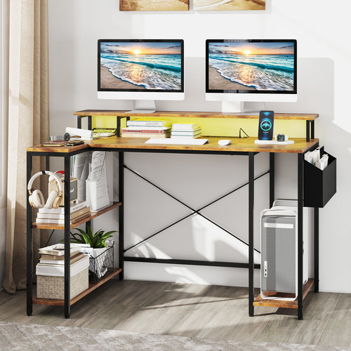 L-Shaped Gaming Desk With LED Lights, Power Outlets, Rustic Brown