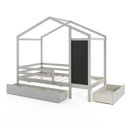 Twin Size Kids Bed With 2 Drawers, Solid Wood, Blackboard, Gray