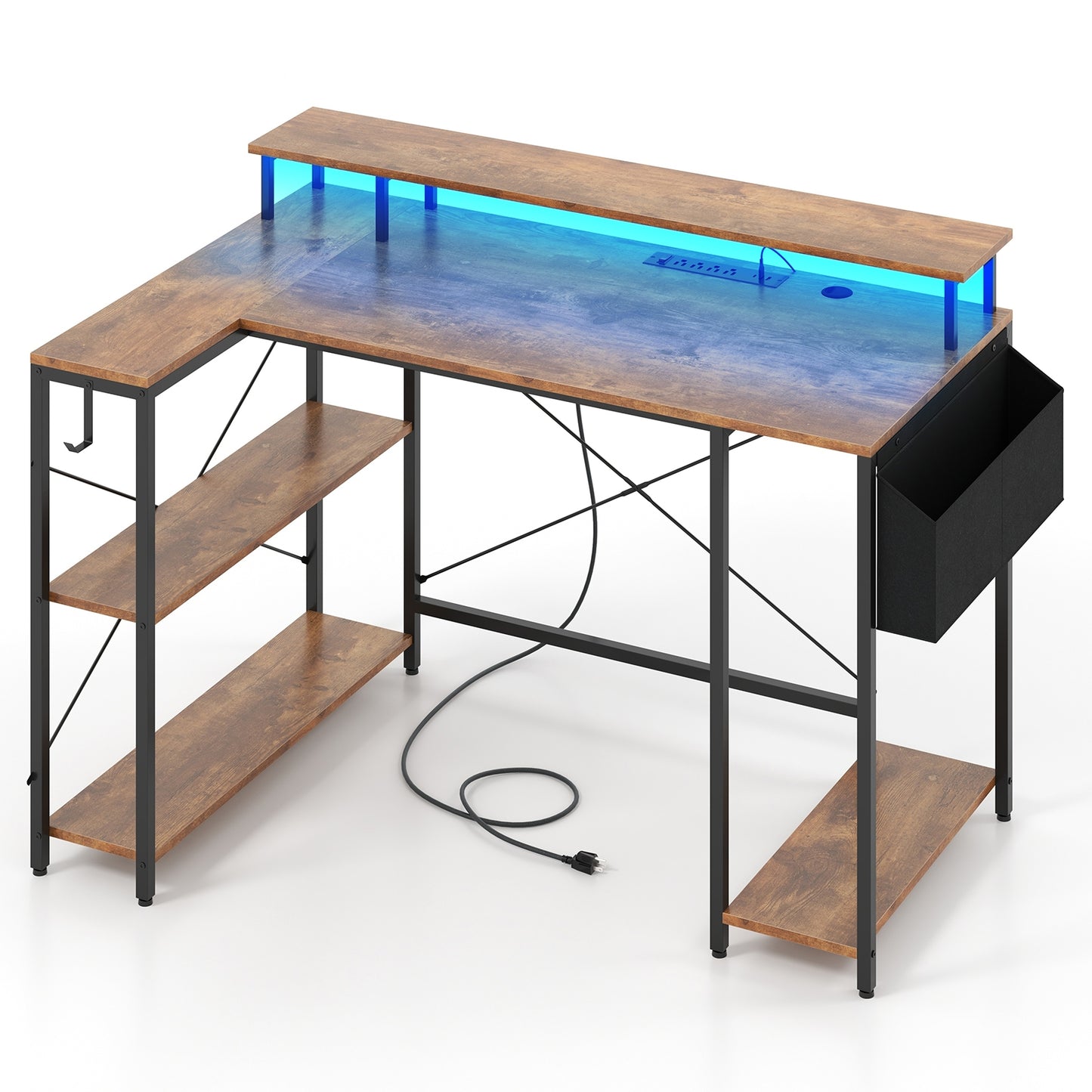 L-Shaped Gaming Desk with LED Lights and Power Outlets, Rustic Brown Computer Desks at Gallery Canada