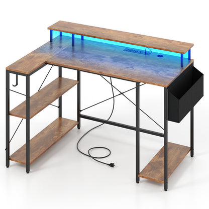 L-Shaped Gaming Desk with LED Lights and Power Outlets, Rustic Brown Computer Desks at Gallery Canada