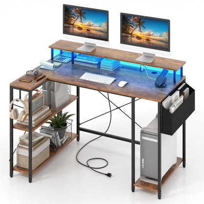 L-Shaped Gaming Desk with LED Lights and Power Outlets, Rustic Brown Computer Desks at Gallery Canada