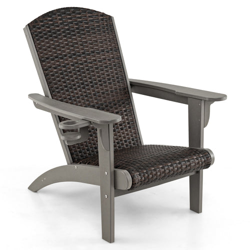 Patio Adirondack Chair with Rattan Padded Seat and Hidden Cupholder, Gray