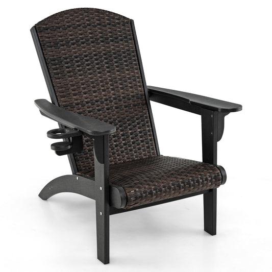 Patio Adirondack Chair, Rattan Padded Seat, Hidden Cupholder, Black