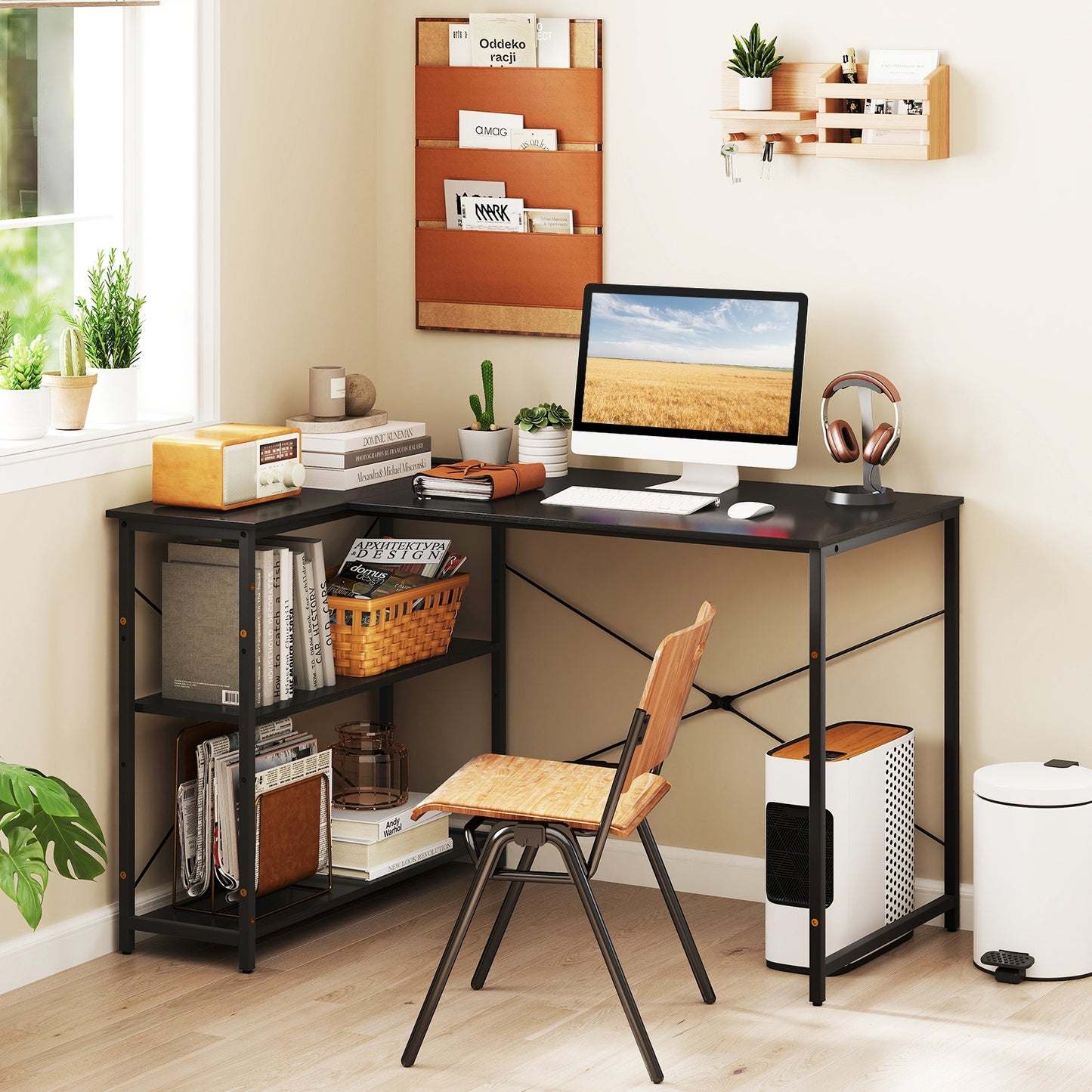 L-shaped 47 Inch Reversible Corner Desk with Adjustable Storage Shelves, Black L-Shaped Desks at Gallery Canada