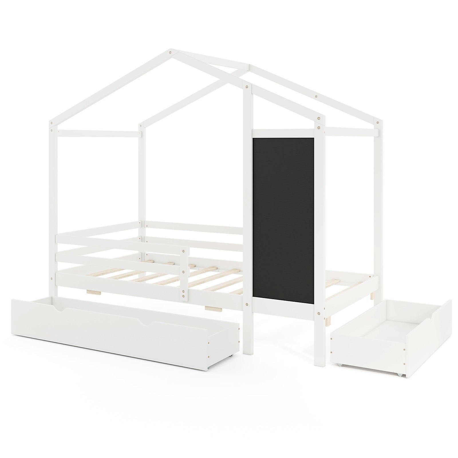 Twin Size Kids Bed With 2 Drawers, Solid Wood, Blackboard, White Toddler Beds at Gallery Canada