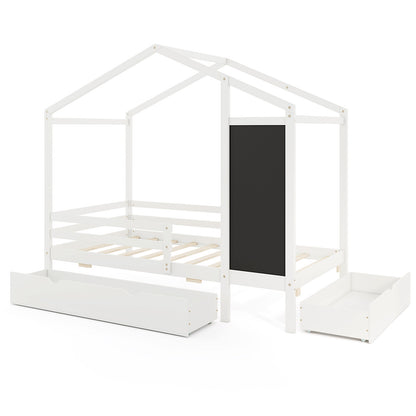 Twin Size Kids Bed With 2 Drawers, Solid Wood, Blackboard, White