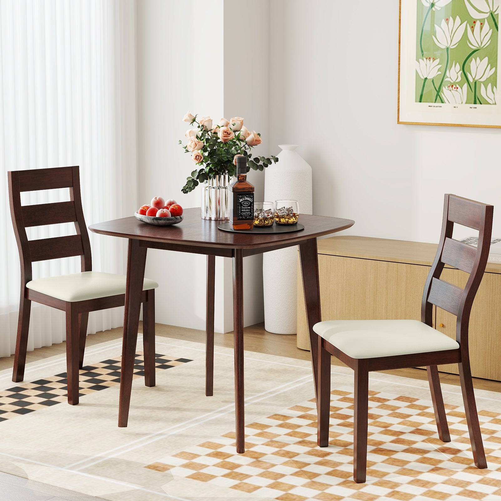 3-Piece Dining Table Set, Wooden Square Kitchen Table, 2 Chairs, Walnut Dining Room Sets at Gallery Canada