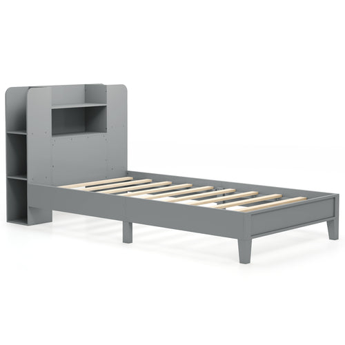 Twin Size Wooden Platform Bed Frame with Bookcase Headboard, Gray