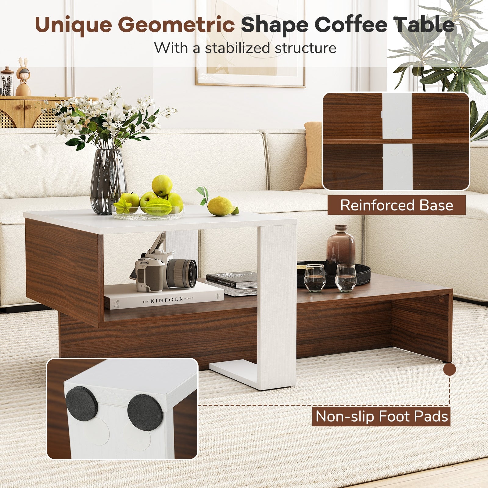 2-Tier Geometric Coffee Table, Storage Shelves, And Brown, White Coffee Tables at Gallery Canada