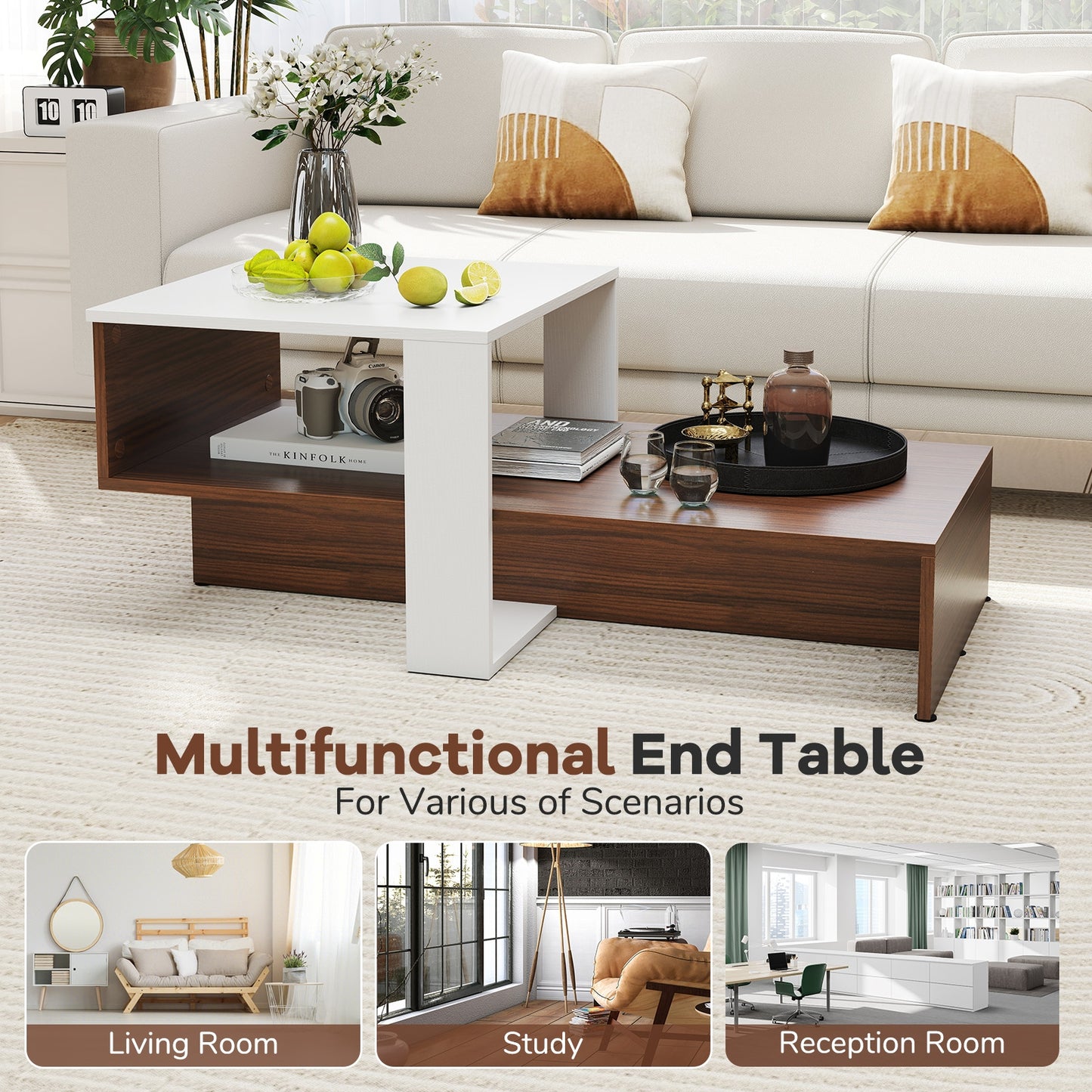 2-Tier Geometric Coffee Table, Storage Shelves, And Brown, White Coffee Tables at Gallery Canada