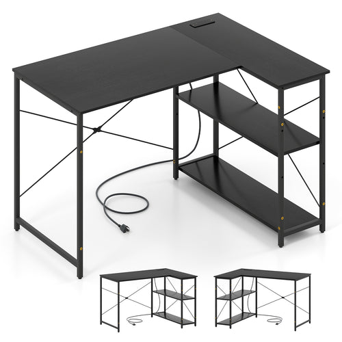 L-Shaped 47 Inch Reversible Corner Desk, Adjustable Shelves, Black