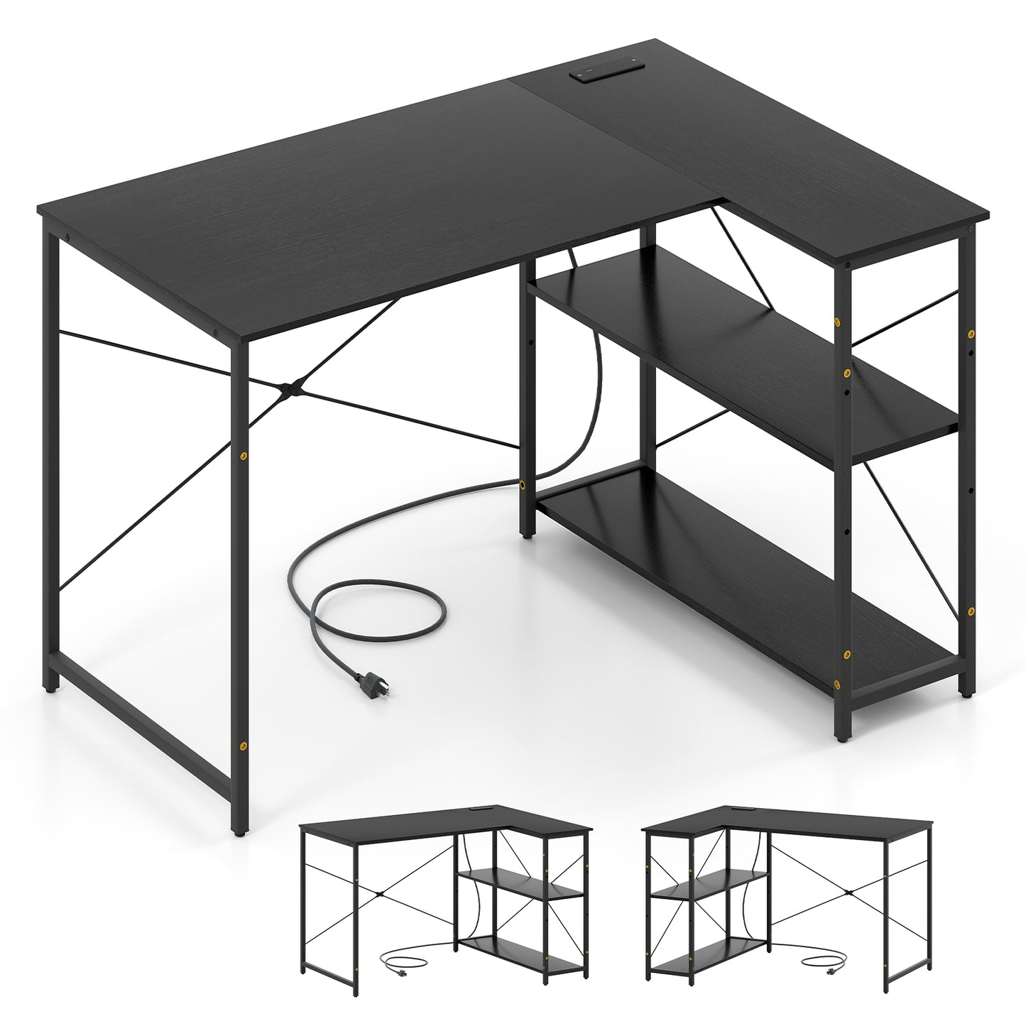 Bureau d'angle réversible en forme de L de 47 pouces, étagères réglables, noir