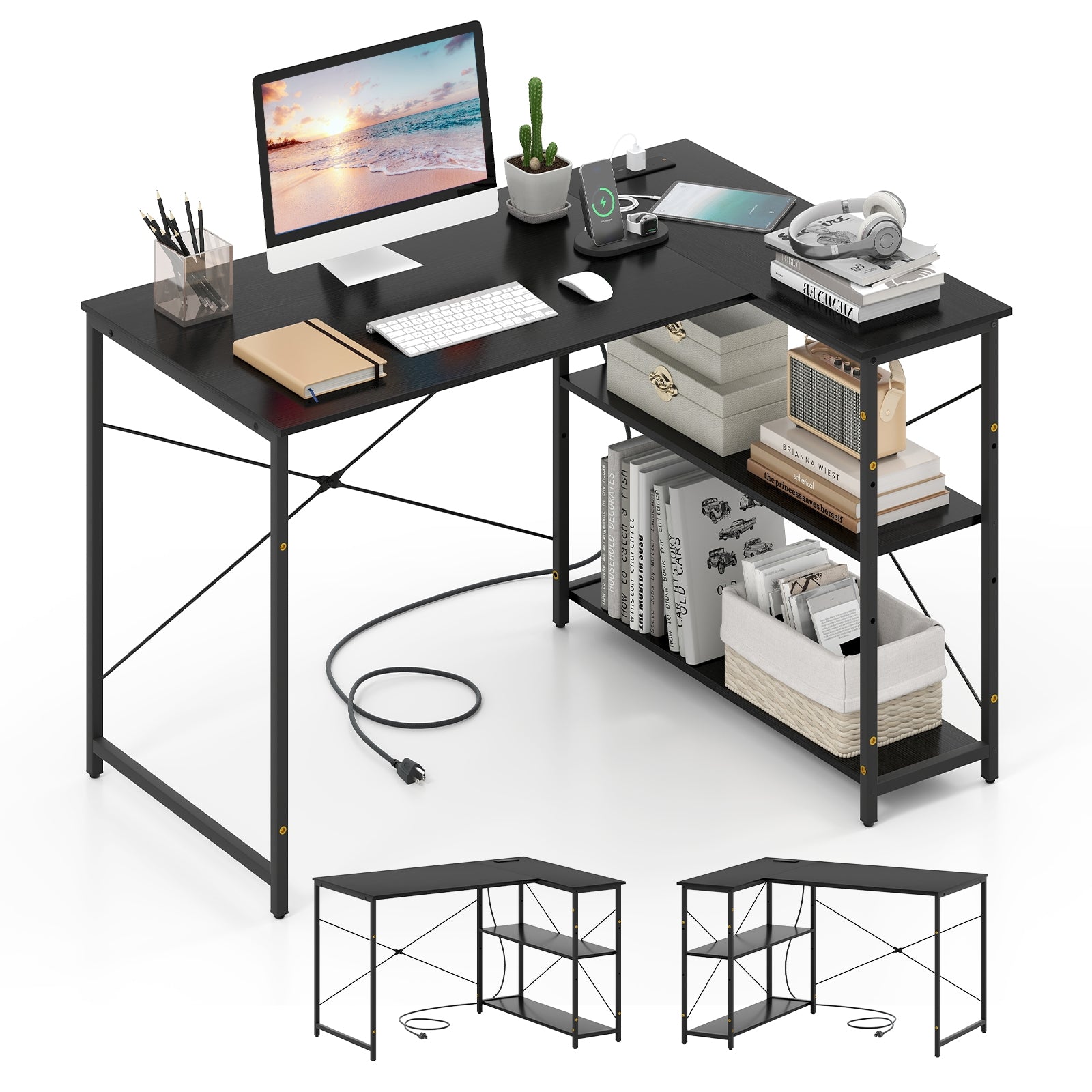 L-shaped 47 Inch Reversible Corner Desk with Adjustable Storage Shelves, Black L-Shaped Desks at Gallery Canada