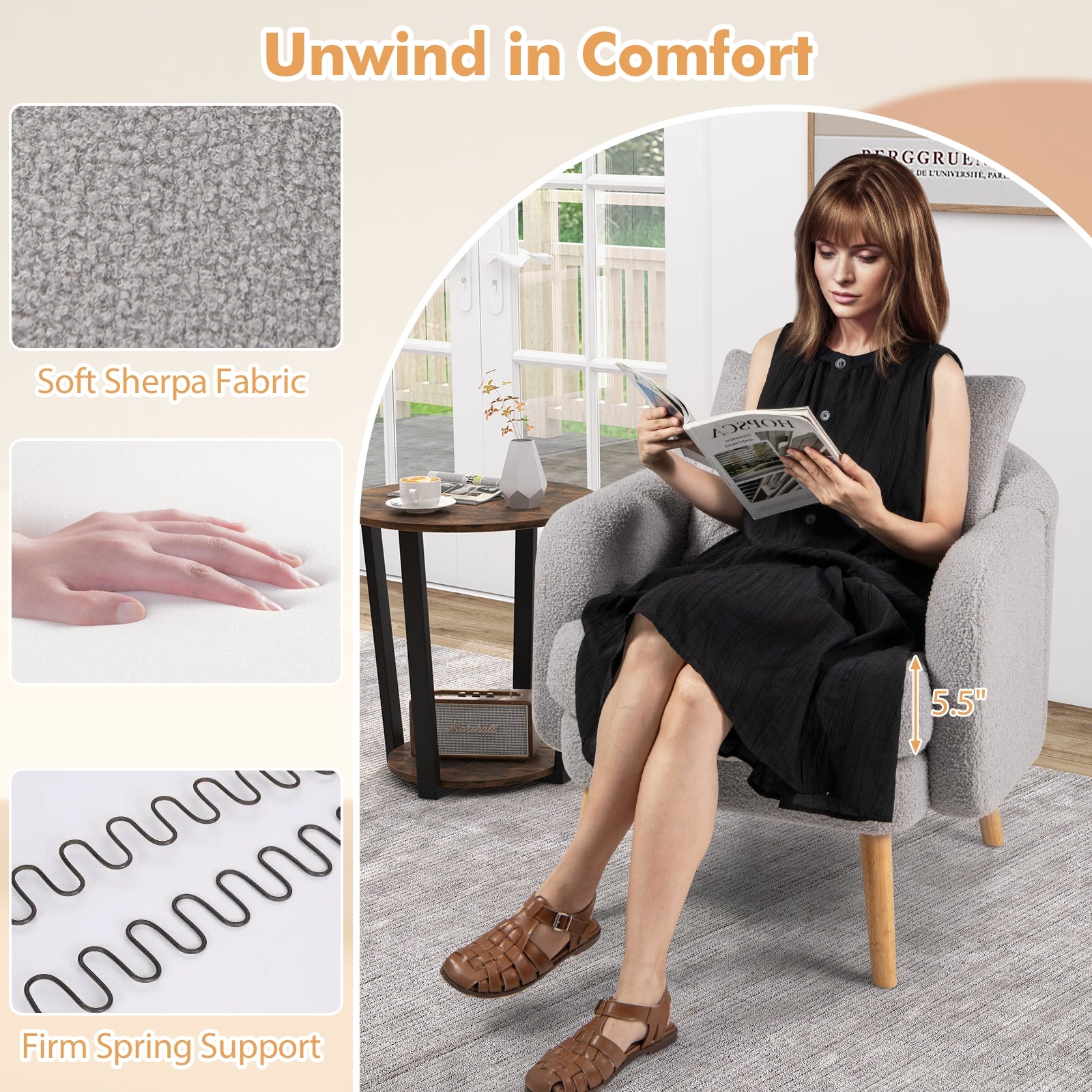 Sherpa Accent Chair Modern Living Room Chair with Seat Cushion-Grey, Gray Accent Chairs at Gallery Canada