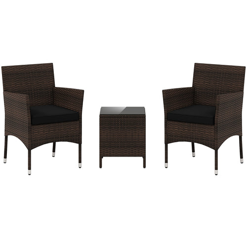 3 Piece Outdoor Conversation Set, Cushioned Seat, Glass Tabletop, Black