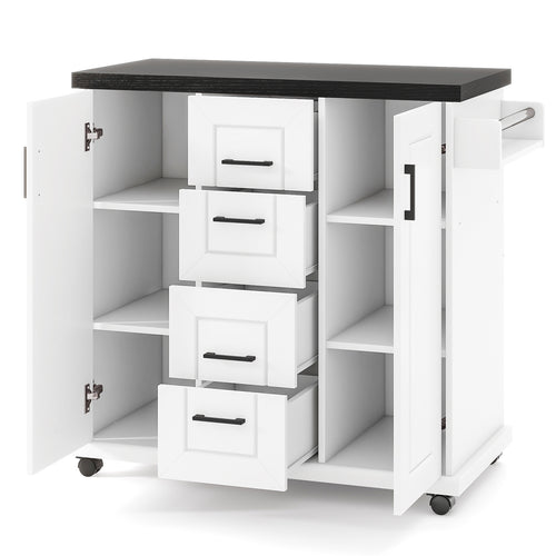 Rolling Kitchen Island Cart on Wheels with Storage Cabinets, White